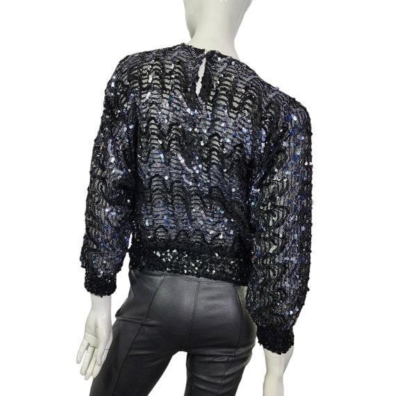 Vintage Black Sheer Silver Sequins Top Blouse Sma… - image 2