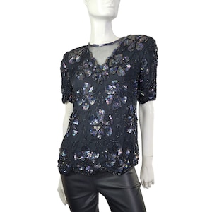 Vintage 90s Laurence Kazar Black Blouse with Irridescent Sequins Medium