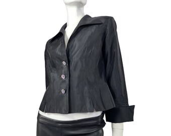 Vintage Black Satin Blazer with Crystal Buttons S/M