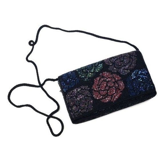 Vintage beaded black floral purse - image 1