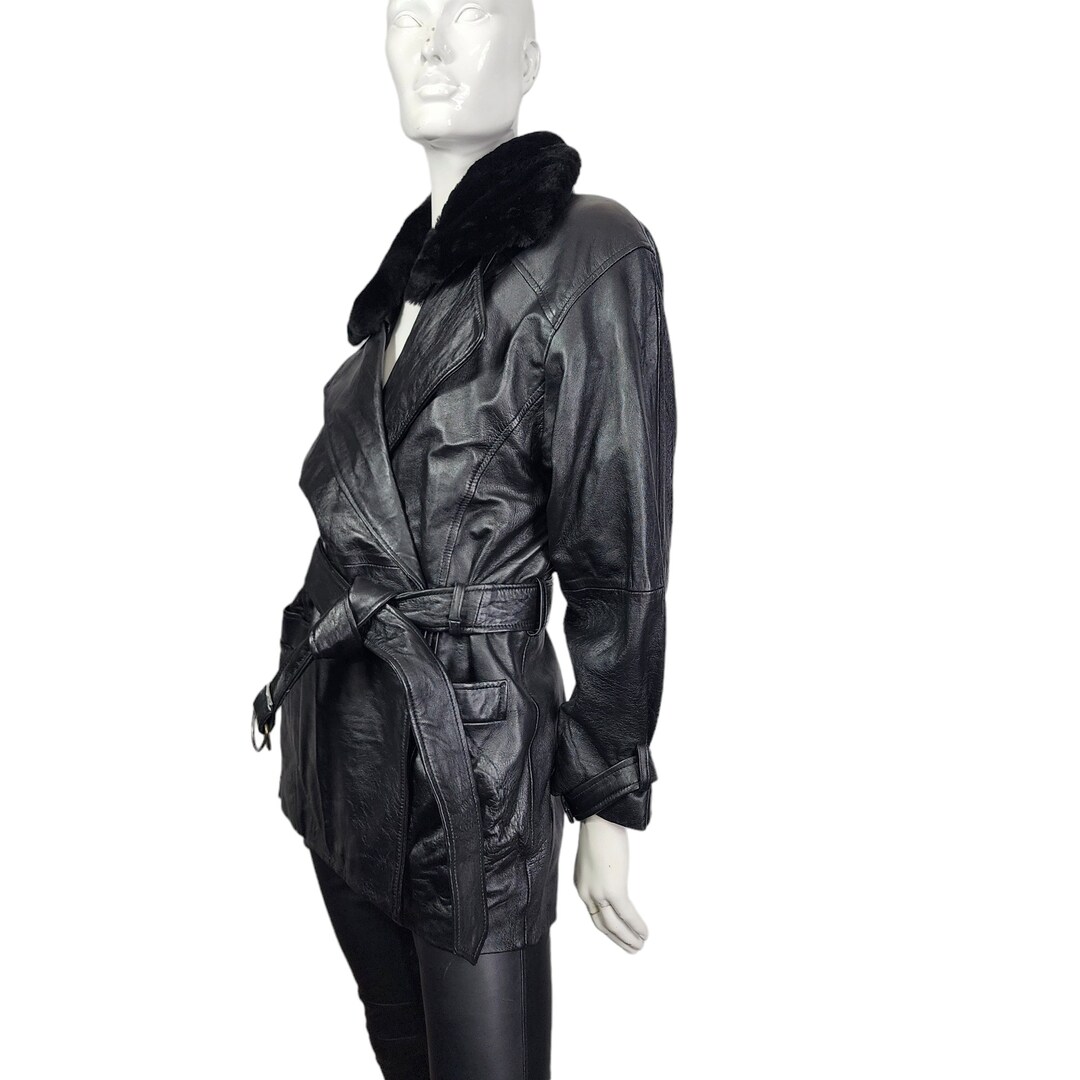 Vintage Black Leather Jacket Coat With Faux Fur Collar M/L - Etsy