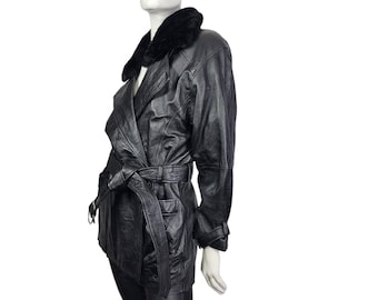 Vintage zwart leren jack met kraag van imitatiebont M/L