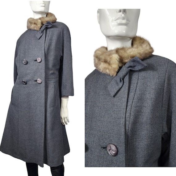 ヴィンテージ 50 年代 60 年代 グレー コート ファーカラー付き L