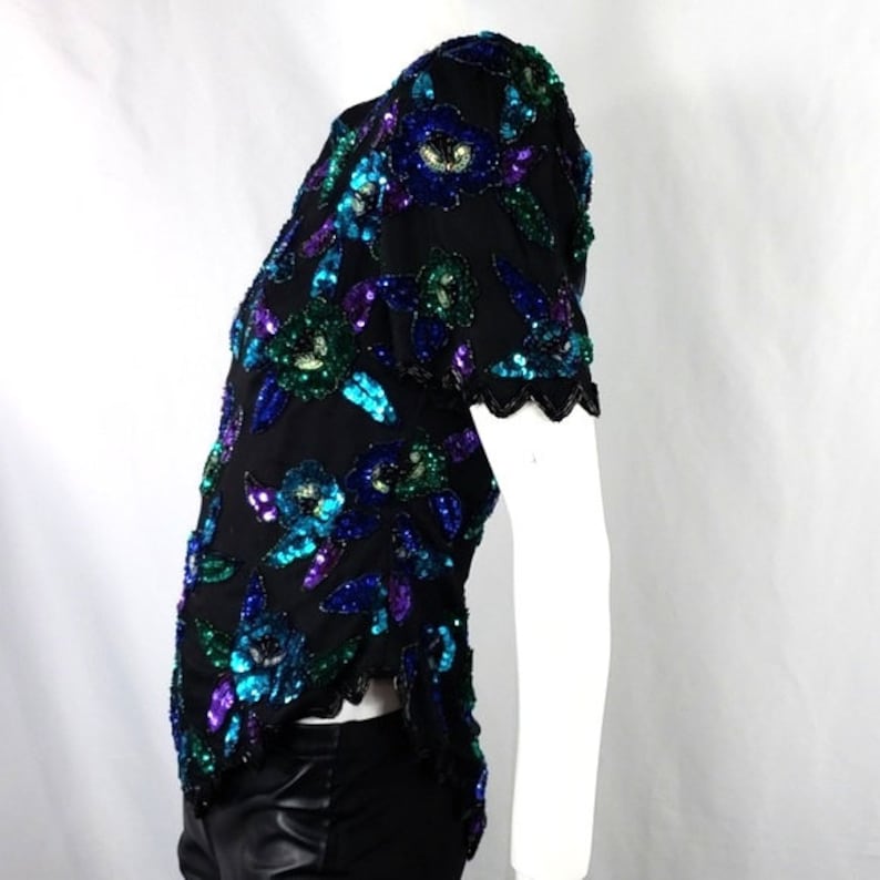 Vintage Lawrence Kazar Black Blue Purple Sequins Top S