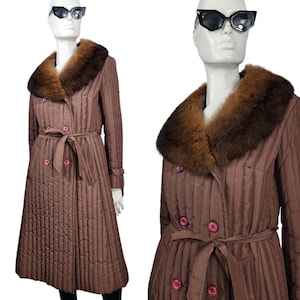 Vintage Brown Raincoat with Fur Collar  70s Coat Small