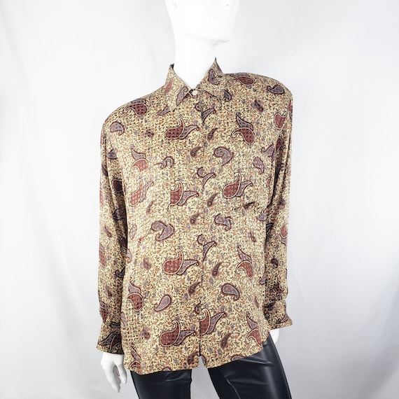 Vintage Brown Paisley Silk Blouse L/XL