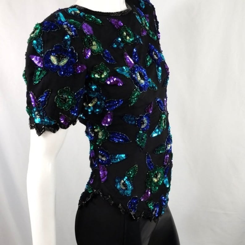 Vintage Lawrence Kazar Black Blue Purple Sequins Top S