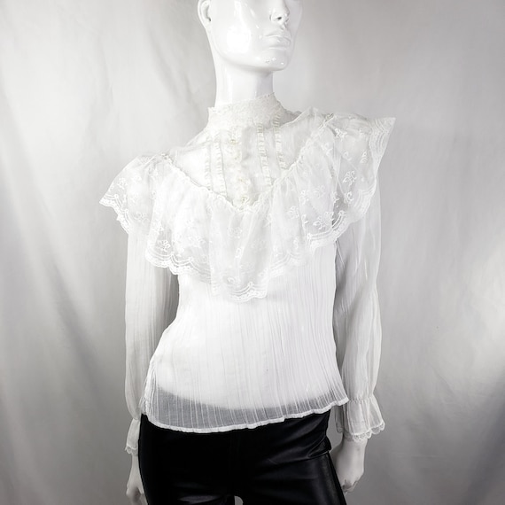 Vintage 70s White High Collar Ruffle Lace Blouse S