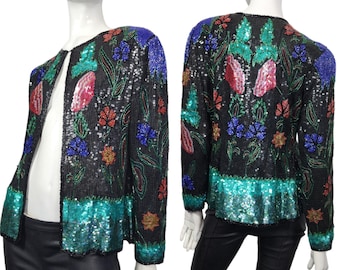 Vintage Sequined Colorful Evening Jacket Blazer S/M