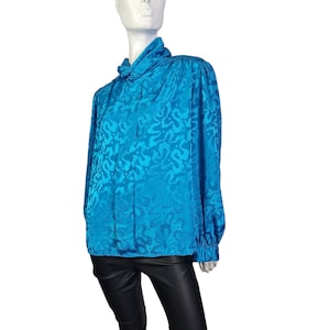 Vintage Turquoise Blue Embossed Jacquard Scarf Blouse Large