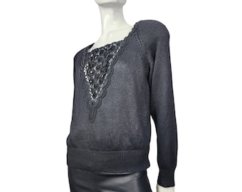 Vintage L'Eau Vive Black Knit Beaded Top Medium