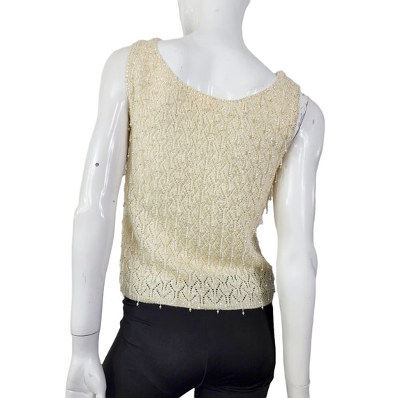 60s Cream Beaded Knit Top Small - image 4