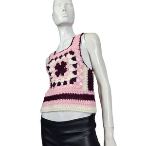 Vintage jaren &#39;70 roze handgebreid stretchgaren vest XS/S