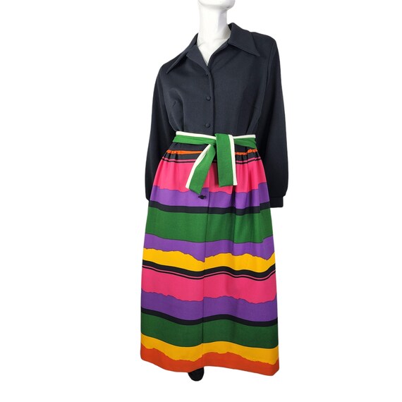 Vintage 70s Dress Black with Color Block Skirt La… - image 5