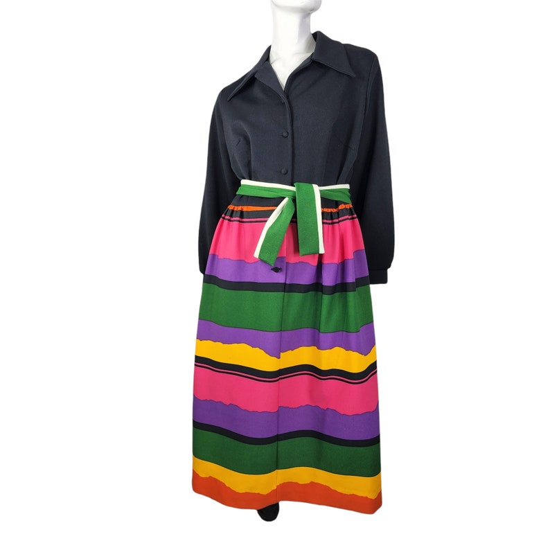Vintage 70s Dress Black with Color Block Skirt Large image 5