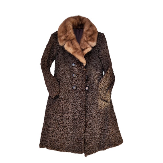50s 60s Brown Coat with Fur Collar XS / S - image 1