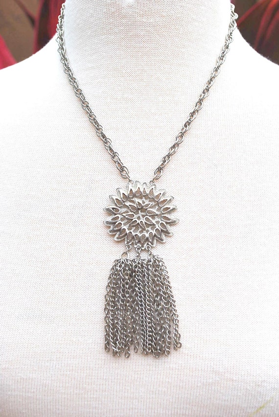 Vintage Egyptian Revival Silver Sunburst Tassle T… - image 2