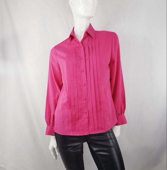 Vintage 70s hot pink blouse front pleats  Small - image 1