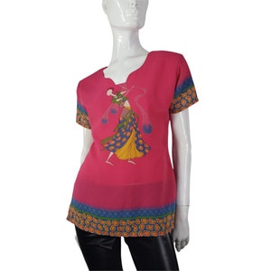 Vintage Blouse Fushia with Lady Woman Print Medium Shirt