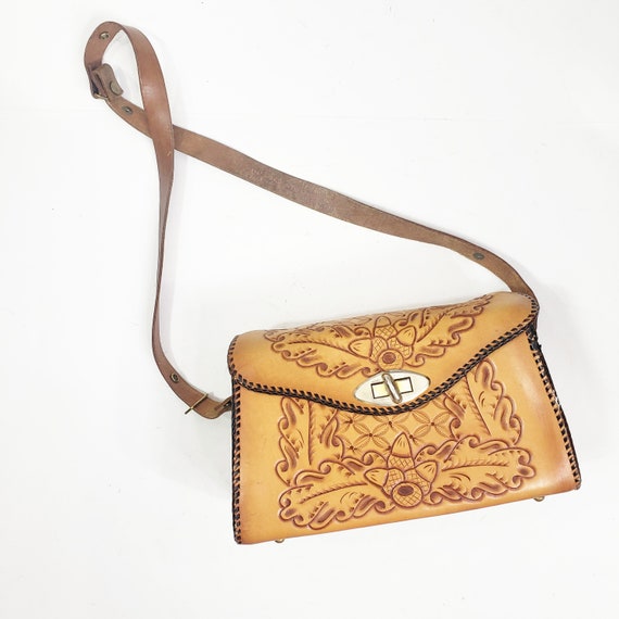 Vintage Tan Tooled 60s 70s Leather handbag - image 1