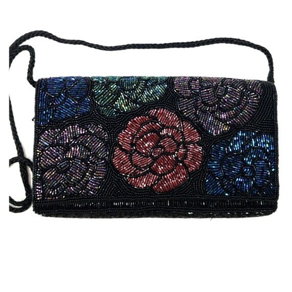 Vintage beaded black floral purse - image 2