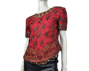 Vintage Adrianna Pall Rote Perlen Bluse M / L