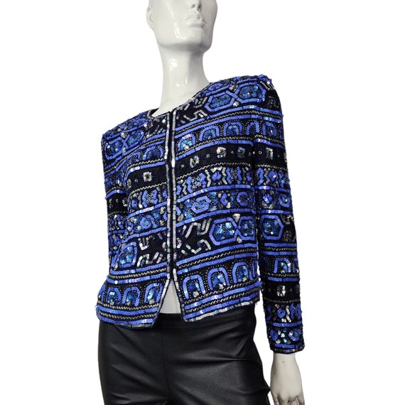 Vintage 90s blue beaded sequin jacket Papell Bout… - image 4
