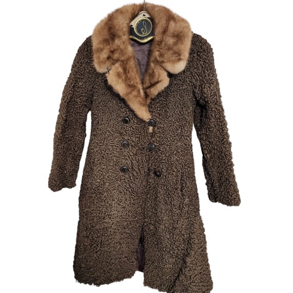 50s 60s Brown Coat with Fur Collar XS / S - image 2