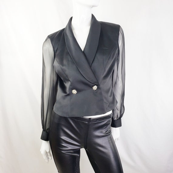 Vintage 80s Black Blazer Sheer Sleeves Rhinestone Buttons S - Etsy