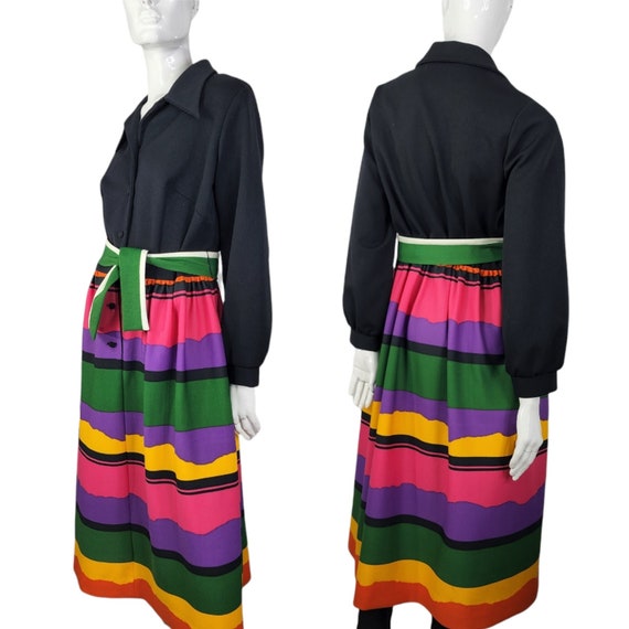 Vintage 70s Dress Black with Color Block Skirt La… - image 1