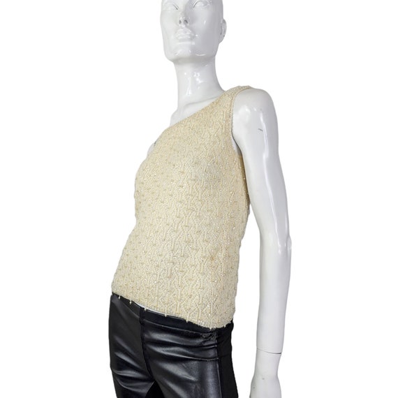 60s Cream Beaded Knit Top Small - image 1
