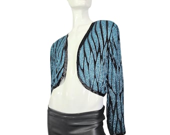Vintage Carina Turquoise and Black Heavily Beaded Jacket M/L