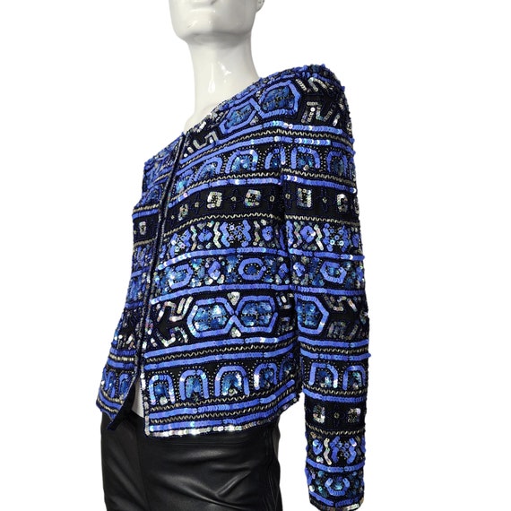 Vintage 90s blue beaded sequin jacket Papell Bout… - image 3