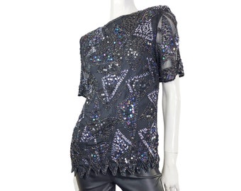 Vintage Styleworks Black Beaded Sequins Blouse M