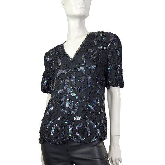 Vintage Laurence Kazar 80s black beaded iridescen… - image 7