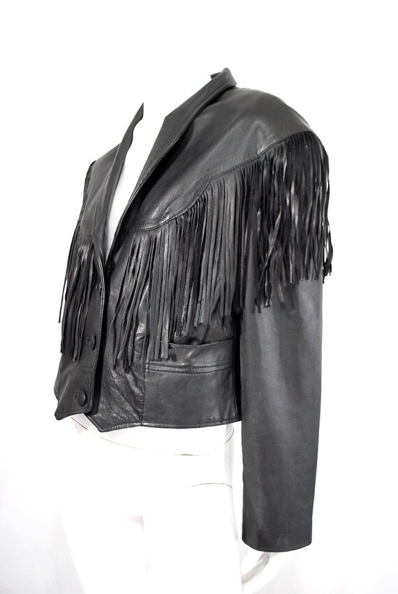 Vintage Black Leather Cropped Fringe Jacket Coat M L