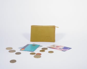 Mini Lederportemonnaie Ida in Senf Gelb Grün Gelbgrün , minimalistisch, Geldbeutel, Geldbörse, Wallet, Münzfach, handmade, unisex