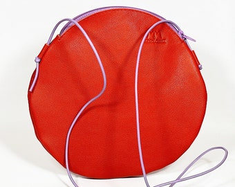 Round leather bag Lise in red with purple zipper small bag handbag leather evening bag