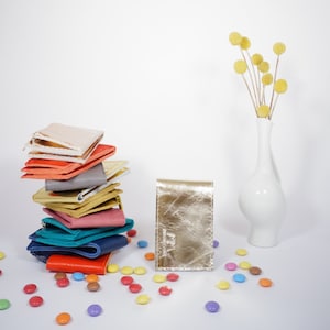 Mini billetera de cuero Ida en platino, minimalista, bolso, monedero, billetera, compartimento para monedas, hecho a mano, metálico, brillo