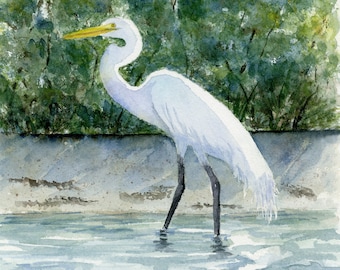 White Egret Watercolor Print, Florida Egret, Southeast Bird Art, Coastal Nature Art, Florida Wildlife Wall Art