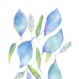 Watercolor Print Blue Green Leaves , Colorful Leaf Painting, Minimalist ...