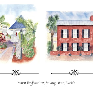 マリン ベイフロント ハウス ヒストリック イン セント オーガスティン 水彩画プリント、ベッド アンド ブレックファースト イン、記念日のギフト、家の肖像画、ウェディング アート プリント
