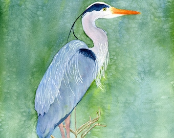 Blue Heron Watercolor Print, Coastal Wildlife Art, Southeastern Bird, Gift for Bird Watcher