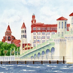 Aquarelprint St. Augustine Downtown, historisch Florida, Henry Flagler-architectuur