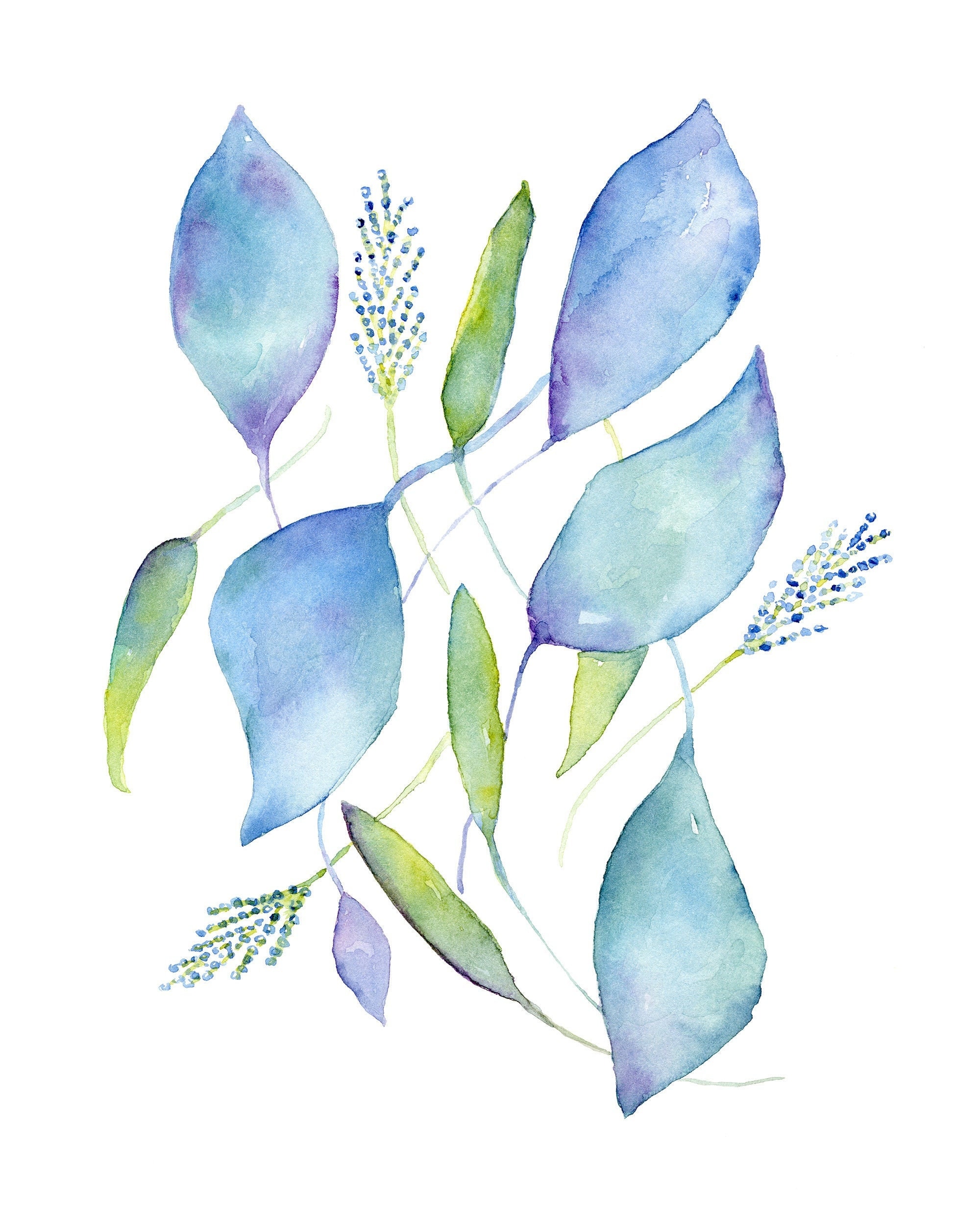 Watercolor Print Blue Green Leaves , Colorful Leaf Painting, Minimalist ...