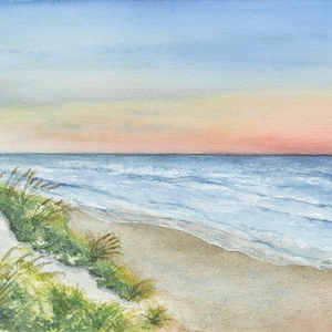 海岸の夕日の水彩画プリント、ビーチハウスの壁アート、トロピカルな水彩画、海の夕日のプリント、セントオーガスティンビーチ
