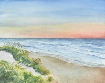 Impresión de acuarela de atardecer costero, arte mural de casa de playa, pintura de acuarela tropical, impresión de atardecer en el océano, playa de San Agustín