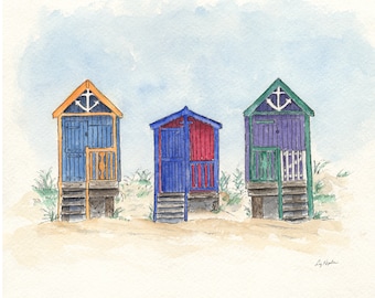 Strandhutten aquarel print, pen en aquarel strandkunst, kunst aan de kust, strandhuis decor