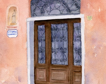 Door in Florence Italy Watercolor Print, Italian Architectural Print, Rustic Door Art Print, Mediterranean Wall Art, Rustic Watercolor