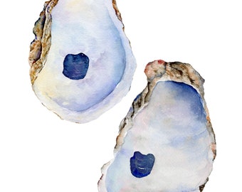 Impresión de acuarela de dos ostras, pintura costera, impresión de arte náutico, decoración de la casa de playa, regalo temático costero